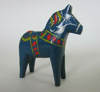 VTG Blue Swedish Dala Horse Carved Painted Folk Art by Eric Pell Small Mini 3 