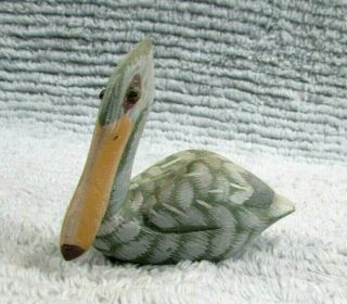 Pelican Vintage Hand Painted Carved Solid Wood Small 2x9 Figurine Statue Sh