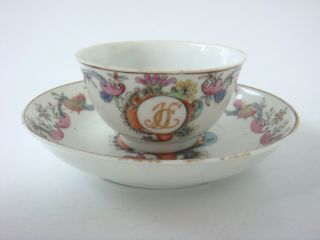 Chinese Porcelain Qianlong Period Unusual Monogrammed Tea Bowl & Saucer C1750