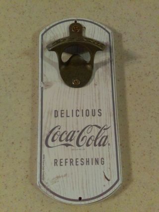 Coca - Cola Metal Bottle Opener On Wooden Wall Mounted Base 8 " T X 3.  25 " W
