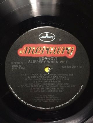 Bon Jovi Slippery When Wet Vinyl LP dated 1986 NM 2