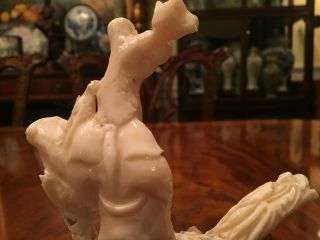 A Chinese Antique Carved White Coral Guanyin with Wooden Stand. 5