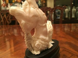 A Chinese Antique Carved White Coral Guanyin with Wooden Stand. 7