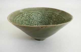 Song Dynasty Light Green Glazed Conical Bowl Carved W/ Children At Play