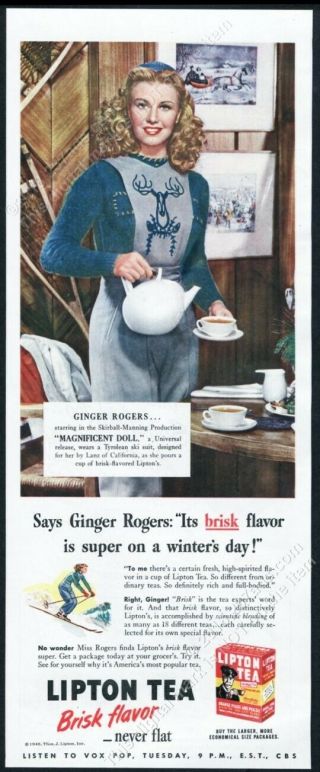 1946 Ginger Rogers Photo In Reindeer Christmas Sweater Lipton Tea Print Ad