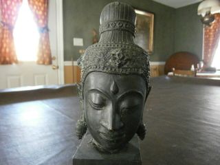 Antique Bronze Khmer Buddha Head On Stand