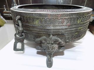 Antique Chinese Cast Bronze Censer Bowl Archaic Inscription To Inner Bowl 30 Cm