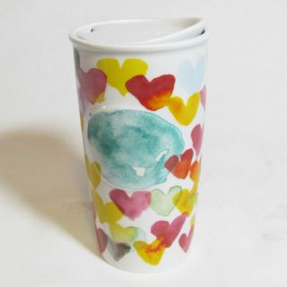Starbucks White Ceramic Tumbler Watercolor Hearts with lid 10 ounces 2