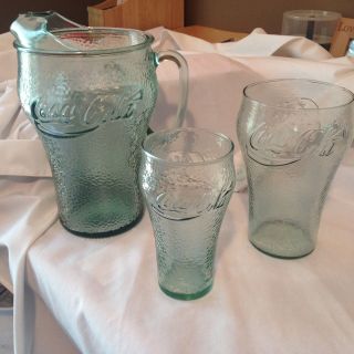 Coca Cola Light Green Dimple Glass Pitcher With Two Glasses,  Likely Vintage