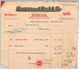 1916 Hagan & Dodd Co Coca Cola Red Rock Ko - Nut Sirups Syrups For Soda Fountains
