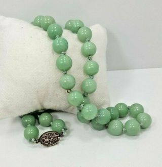 Vintage Chinese Hand Tied Jade Bead Necklace With Silver Clasp