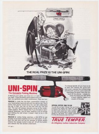 1975 True Temper Fishing Reel Uni - Spin Vintage Print Ad Man Cave