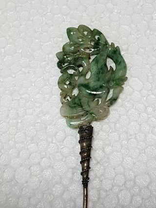 A Qing Dynasty Green & White Jade Topped Silver Hair Pin.  Depicting A Peacock.