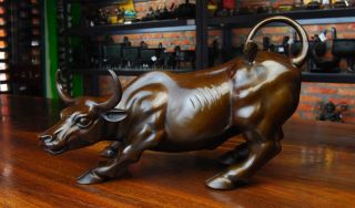 12inch 31cm Big Wall Street Old Bronze Fierce Bull Ox Statue