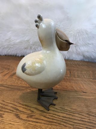 Ceramic Pelican Holding Fish Metal Feet Figurine 10” Yard Art 4