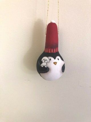 Hand Painted Penguin & Bichon Frise Gourd Ornament / Ann