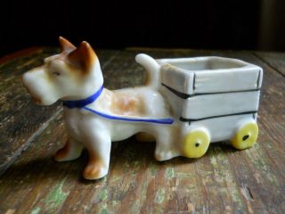 Antique Glass Scottie Dog Pulling A Wagon Cart Small Planter Trinket Box Japan