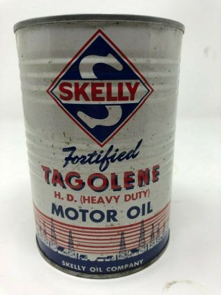 Vintage SKELLY OIL COMPANY Fortified TAGOLENE HD Motor Oil Metal Can,  FULL, 3