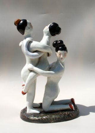 Antique Old Erotic Naked Threesome Chinese Porcelain Figure Group Hand Painted