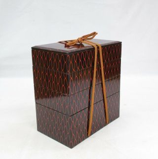 A498 Japanese tier of really old lacquered boxes JUBAKO with red mesh pattern 2