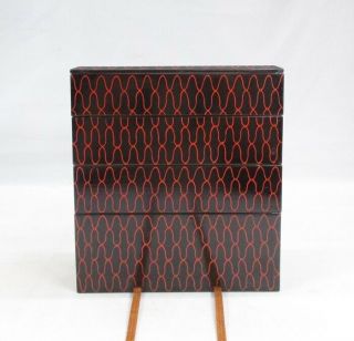 A498 Japanese tier of really old lacquered boxes JUBAKO with red mesh pattern 3