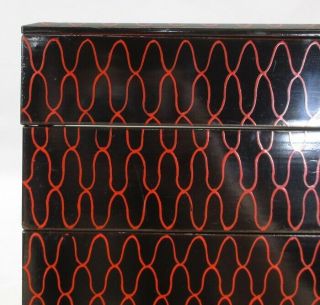 A498 Japanese tier of really old lacquered boxes JUBAKO with red mesh pattern 4