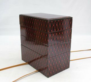A498 Japanese tier of really old lacquered boxes JUBAKO with red mesh pattern 6