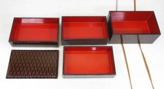 A498 Japanese tier of really old lacquered boxes JUBAKO with red mesh pattern 8