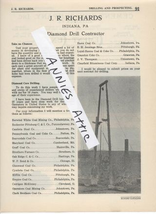 1920 Mining Mine Ad Advertising J.  R.  Richards Coal Drill Contractor Indiana Pa
