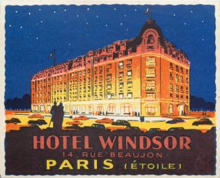 Hotel Windsor Paris France Gorgeous Old Art Deco Luggage Label,  Circa 1940