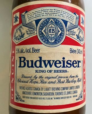 Vtg Labatt Budweiser Bud Stubby Beer Bottle 12oz Canada Brown 70s 80s Label Cap