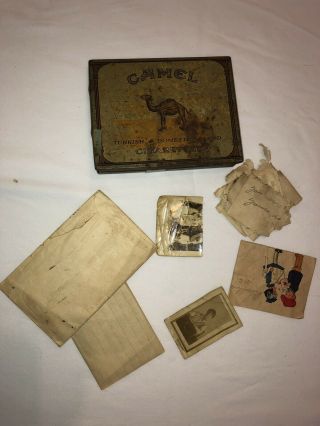 Vintage Antique Camel Cigarette Tin W/ Old 1930 3 Page Letter And Pictures