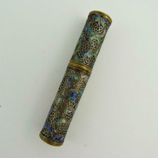 Antique Chinese Silver Filigree And Enamel Cylindrical Etui Case