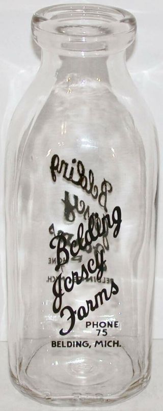 Vintage milk bottle BELDING JERSEY FARMS Phone 75 Belding Michigan SPQ pyro qt 3