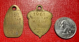 Vintage 1960 & 1961 Moline Illinois Dog Tax Tags Numbers 2761 & 2220 Il