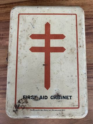 Vintage Will Ross First Aid Tin Wall Cabinet Wisconsin Double Red Cross Decor