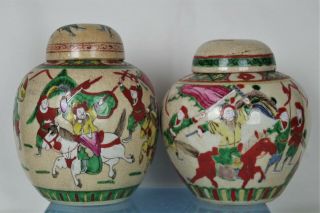 2 X Large Antique Chinese Hand - Painted Crackle Glaze Lidded Warrior Ginger Jars