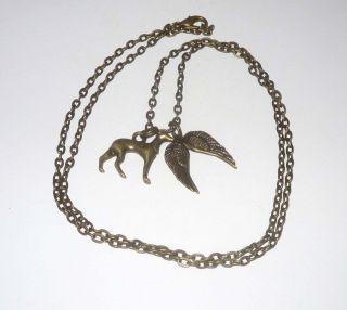 3d Bronze Greyhound Or Whippet And Angel Wings Charms Memory Necklace