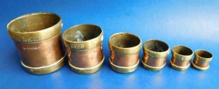 6 Antique Indian Brass & Copper Seer Cup Weight Grain Measures