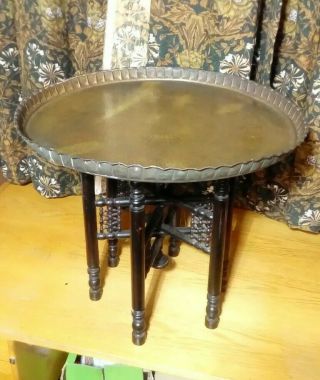 Huge Antique Persian Brass Travelling Table.  Chased Brass Tray.  Folding Base.