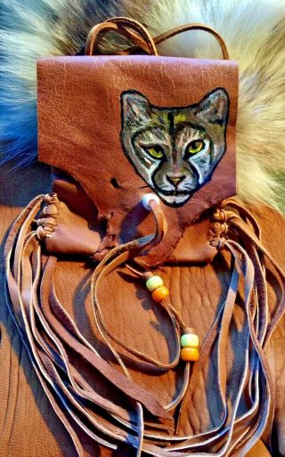 Mountain Lion Hand Painted Lambskin Medicine Bag,  With Fringe And Pony Beads.
