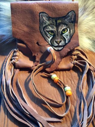 Mountain Lion Hand painted Lambskin Medicine bag,  with fringe and Pony beads. 2
