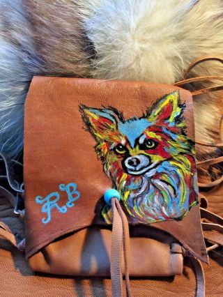 Mountain Lion Hand painted Lambskin Medicine bag,  with fringe and Pony beads. 3