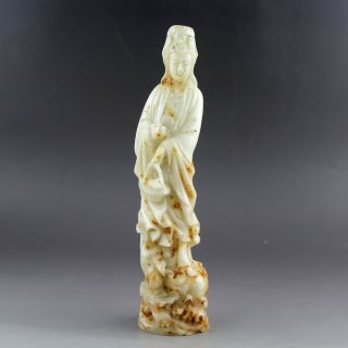 8.  5  Chinese Old White Yellow Jade Hand - Carved God Kwan - Yin Figure Statue