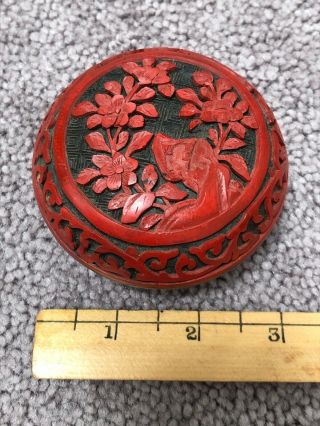 Small Chinese Flower Carved Cinnabar Red & Black Lacquer Enamel Trinket Jar Box
