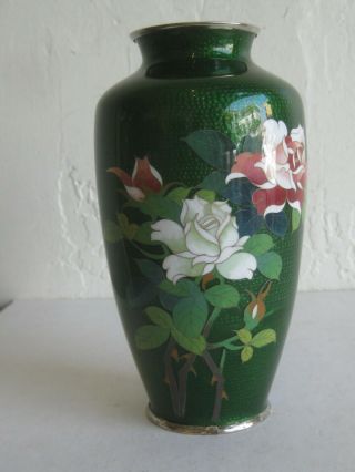 Fine Old Antique Japanese Green Cloisonne Enamel Ginbari Vase W/roses Sgnd Nekka