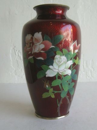 Fine Old Japanese Pigeon Blood Cloisonne Enamel Ginbari Vase &roses Signed Nekka