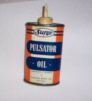 Vintage Surge Pulsator Oil Orange,  Blue And White Metal Tin 3 Oz.