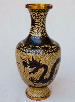 Antique Bronze Chinese China Cloisonne Black Dragon Table Vase 8 1/4 