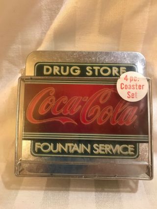 Vintage Style Tin Coca Cola Fountain Service Coasters (4) In Holder